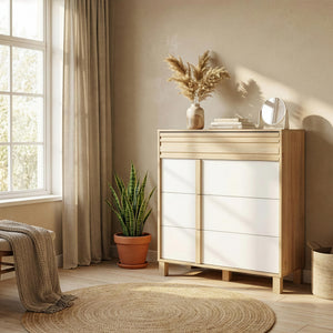 Commode 4 tiroirs L94 cm finition châtaignier naturel et blanc - ARIA