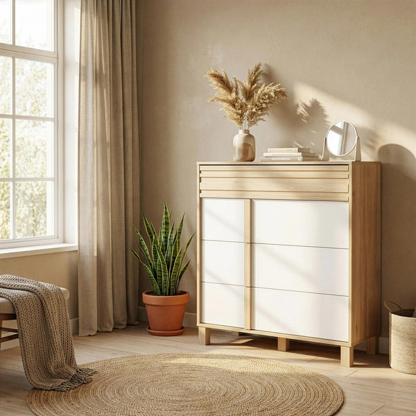 Commode 4 tiroirs L94 cm finition châtaignier naturel et blanc - ARIA