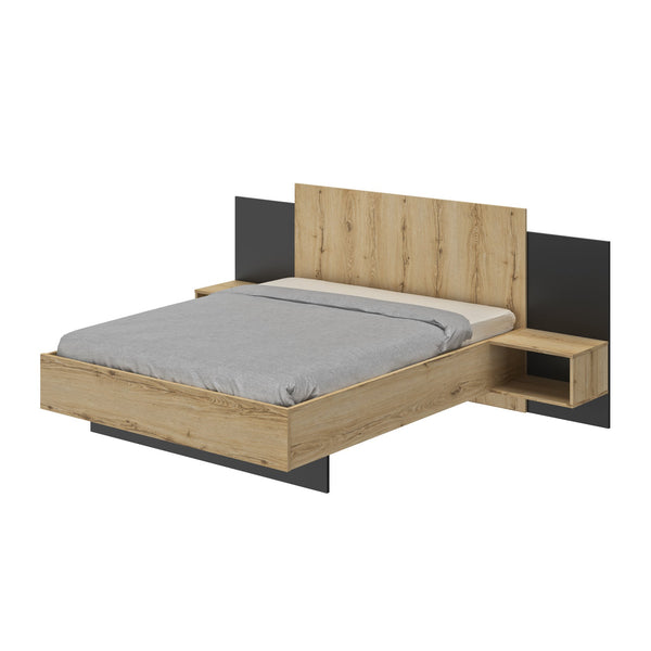 Lit 140x190 avec chevets suspendus finition bois et noir - MIMIZAN