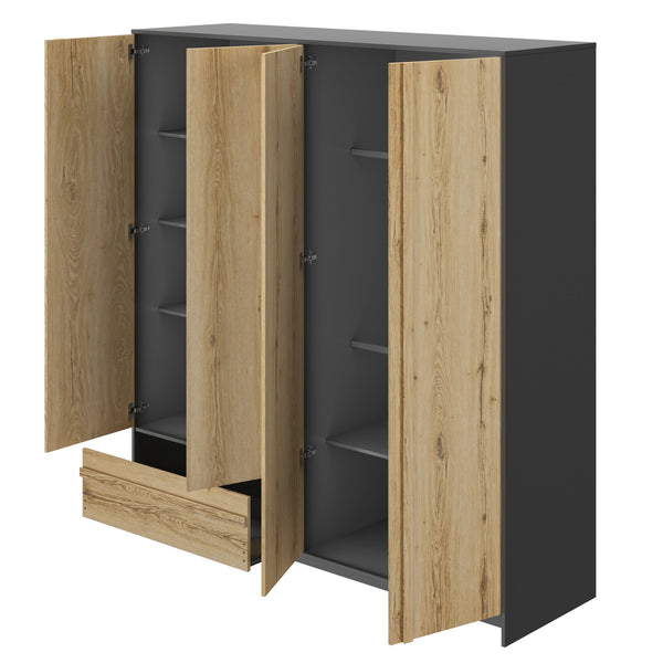 Armoire 4 portes 1 tiroir L197 cm finition bois et noir - MIMIZAN