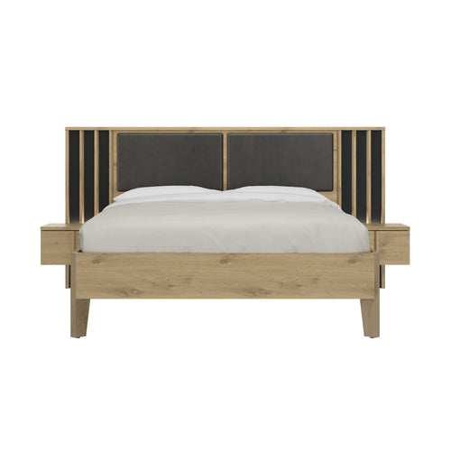 Lit 140x190 avec chevets supendus finition noir et bois - RIVOLI