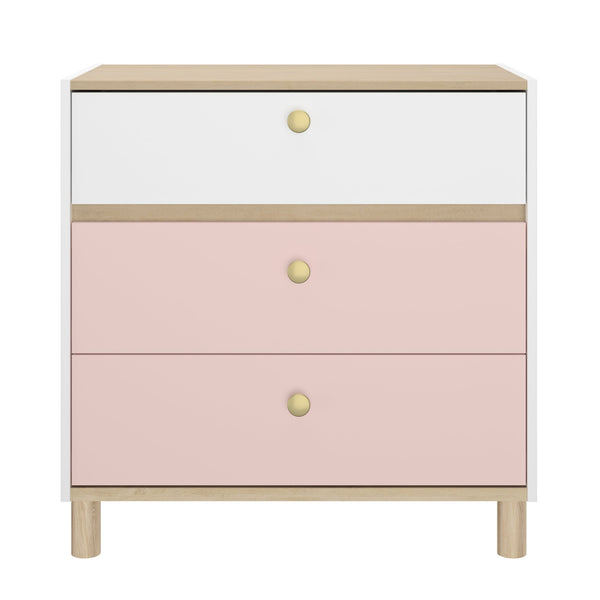 Commode 3 tiroirs L81 cm finition bois, blanc et rose - ROMY