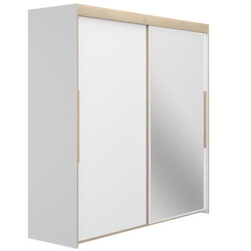 Armoire 2 portes coulissantes avec miroir L199 cm finition blanc et bois - TULLE