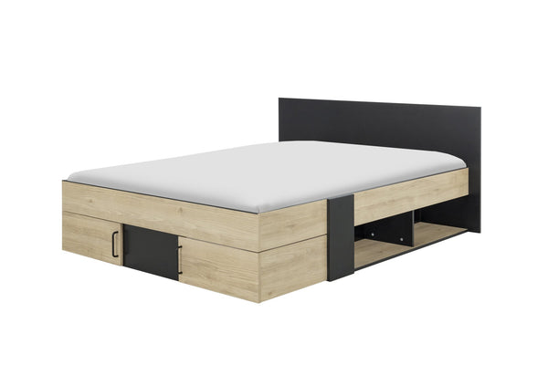 Lit 140x190 avec tiroirs et rangements ouvert finition noir et bois - SWIVEL
