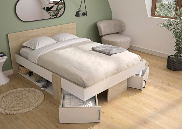 Lit 140x190 avec tiroirs et rangements ouvert finition blanc et bois - SWIVEL