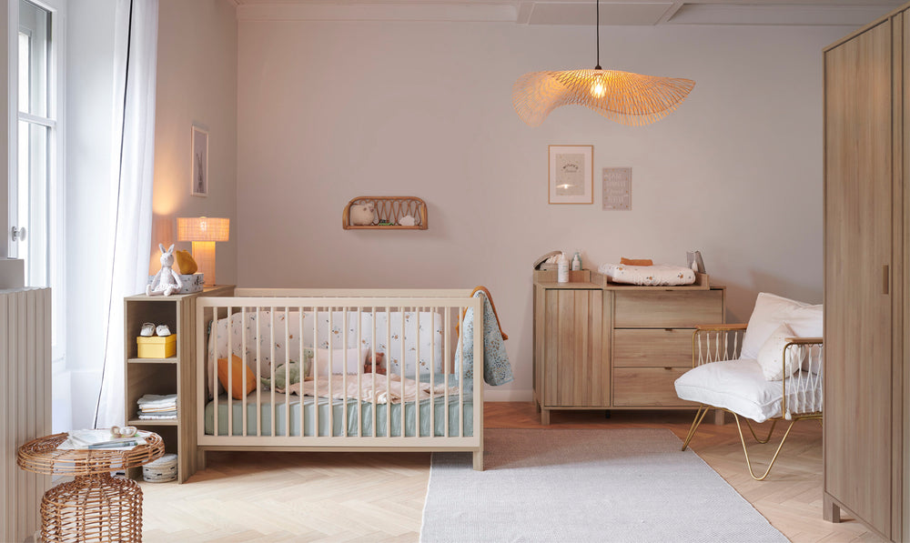 Chambre bébé Calypso Lit+Commode+Armoire+Plan à langer+Petite bibliothèque