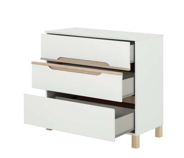 Commode 3 tiroirs L95 cm finition blanc et bois - CELESTE