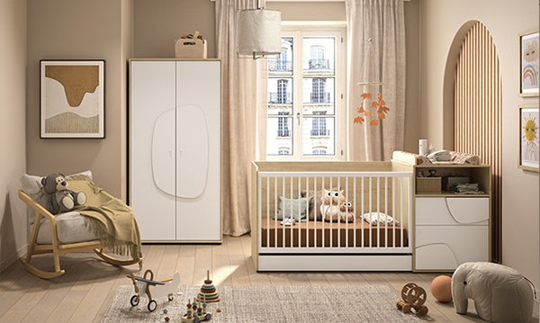 Chambre bébé Basile Lit combiné Commode évolutif+Armoire+Plan à langer+Petite bibliothèque